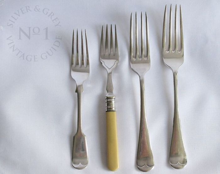 Fork different dinner sizes fish dessert vintage forks comparing pudding lunch left right visit place large